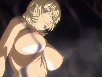 00s 1girl 2007 american animated animated_gif anime_screenshot bible_black bible_black_new_testament blonde_hair breasts female_focus green_eyes jody_crowley large_breasts nipples nude shin_bible_black short_hair smile smoke sweat tagme
