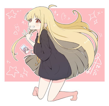 Rule 34 | 1girl, ahoge, barefoot, black shirt, blonde hair, blush, brown eyes, cellphone, cho kaguya-hime!, clenched teeth, commentary request, highres, holding, holding phone, kaguya (cho kaguya-hime!), long hair, looking at viewer, nokiri, open mouth, phone, sakayori iroha, shirt, smartphone, solo, teeth, three-quarter sleeves, very long hair