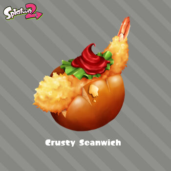 Rule 34 | absurdres, commentary, copyright name, english commentary, food, food focus, food name, gradient background, grey background, highres, ketchup, lettuce, meowsandmeow, nintendo, no humans, pretzel bun, shrimp, shrimp tempura, splatoon (series), splatoon 2, striped background, tempura