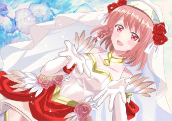 1girl :d bare_shoulders blush breasts bridal_gauntlets bridal_veil bride cleavage collarbone commentary_request dress elbow_gloves fire_emblem fire_emblem_engage fire_emblem_heroes flower gloves gold_trim hairband highres lapis_(fire_emblem) lapis_(mighty_bride)_(fire_emblem) looking_at_viewer medium_breasts multicolored_hairband nintendo official_alternate_costume open_mouth pink_eyes pink_hair potato0805 reaching reaching_towards_viewer red_flower rose smile solo two-tone_hairband veil wedding_dress white_dress white_gloves white_hairband yellow_hairband