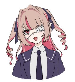 Rule 34 | 0o0m, 1girl, :3, blazer, blue jacket, blue necktie, blue ribbon, blue sailor collar, collared shirt, colored inner hair, cropped torso, drill hair, eyepatch, fangs, grey hair, hair intakes, hair ribbon, hashtag-only commentary, head tilt, jacket, lapels, long hair, makaino ririmu, medical eyepatch, monitoring (vocaloid), multicolored hair, necktie, nijisanji, notched lapels, official alternate costume, official alternate hairstyle, open clothes, open jacket, open mouth, pink hair, pink streaks, pointy ears, red eyes, ribbon, sailor collar, school uniform, shirt, sidelocks, simple background, skin fangs, solo, streaked hair, two-tone hair, two side up, upturned eyes, virtual youtuber, white background, white shirt