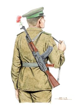 1boy ak-47 akm assault_rifle black_hat brown_hair camouflage cowboy_shot cropped_legs dated east_germany flower flower_in_gun from_behind green_hat green_jacket green_pants gun gun_sling hat horikou jacket kalashnikov_rifle male_focus manly military_hat military_jacket multicolored_hat nationale_volksarmee original pants peaked_cap real_life red_flower rifle signature simple_background solo standing strichtarn weapon weapon_on_back white_background