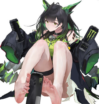 1girl absurdres arknights barefoot black_hair can feet green_eyes highres long_hair looking_at_viewer mon3tr_(arknights) multicolored_hair sachuan soles streaked_hair toes
