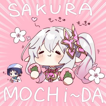 1boy 1girl absurdres black_eyes black_hair blush cherry_blossoms chibi chibi_only closed_eyes closed_mouth commentary_request eating eyelashes eyeshadow flower food genshin_impact gradient_hair hair_between_eyes hair_ornament happy high_ponytail high_side_ponytail highres holding holding_food leaf_hair_ornament long_hair makeup mochi multicolored_hair nahida_(genshin_impact) oishii_sasa pink_background pink_flower pointy_ears ponytail portrait red_eyeshadow sakura_mochi scaramouche_(genshin_impact) short_hair side_ponytail simple_background square streaked_hair translation_request wagashi wanderer_(genshin_impact) white_hair