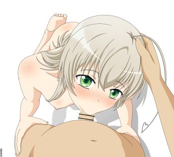 Rule 34 | 1boy, 1girl, :>=, ahoge, artist name, bar censor, barefoot, blush, breasts, censored, collarbone, commentary, commission, completely nude, cum, cum in mouth, english commentary, eyelashes, fellatio, from above, green eyes, grey hair, hair between eyes, hair over shoulder, haiyore! nyaruko-san, hand on another's head, hands on another's thighs, happy, happy sex, headpat, heart, heart ahoge, hetero, highres, huge ahoge, kneeling, long hair, looking at viewer, nipples, nose blush, nude, nyarlathotep (nyaruko-san), omukade, oral, penis, pov, pov hands, saliva, shadow, sidelocks, simple background, solo focus, upturned eyes, white background