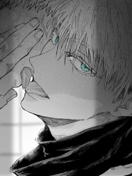 Rule 34 | 2boys, blue eyes, blush, closed eyes, commentary request, french kiss, gojou satoru, greyscale, hand on another's face, itadori yuuji, jujutsu kaisen, kiss, looking at viewer, male focus, monochrome, multiple boys, nay bb, saliva, short hair, solo focus, spot color, tongue, tongue out, yaoi