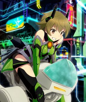 1girl arm_armor armor bare_shoulders black_thighhighs breasts brown_eyes cyberspace dot_nose feet_out_of_frame game_cg green_armor green_hair green_leotard grin hair_ornament himeno_shiho leaning_forward leg_armor leotard medium_breasts motor_vehicle neon_sign official_art riding science_fiction smile solo straddling thighhighs third-party_source toji_no_miko toji_no_miko:_kizamishi_issen_no_tomoshibi