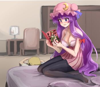 Rule 34 | 2girls, alternate costume, black pantyhose, blonde hair, blush, book, bow, breasts, character print, cleavage, clothes lift, collarbone, commentary request, commission, crescent, crescent hat ornament, dress, embarrassed, hair bow, hat, hat ornament, highres, holding, holding book, hong meiling, indoors, kirisame marisa, large breasts, lifting own clothes, long hair, lying, mob cap, multiple girls, namiki (remiter00), no panties, on bed, on stomach, open book, open mouth, pantyhose, patchouli knowledge, pink dress, pink hat, pixiv commission, purple eyes, purple hair, reading, red bow, revision, sitting, skirt, skirt lift, striped clothes, striped dress, touhou, translated, vertical-striped clothes, vertical-striped dress, very long hair, wariza