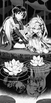 1boy 1girl arm_behind_head armlet armor bag belt bloomers blunt_ends bodysuit bracelet bridal_gauntlets caramelo_game choppy_bangs closed_mouth cross-shaped_pupils detached_sleeves different_reflection dress eyelashes flower furisode genshin_impact greyscale hair_between_eyes hair_ornament hakama hakama_shorts half_crown_braid highres japanese_armor japanese_clothes jewelry juban kimono kote layered_sleeves leaf leaf_hair_ornament leg_warmers leggings lily_(flower) lily_pad long_hair looking_at_reflection looking_down mandarin_collar monochrome nahida_(genshin_impact) plant pleated_shorts pointy_ears reflection reflective_liquid ripples rope rukkhadevata_(genshin_impact) sash scaramouche_(genshin_impact) short_sleeves shorts side_ponytail sidelocks single_sode sitting split_mouth symbol-shaped_pupils tsurime underwear wanderer_(genshin_impact) yokozuwari