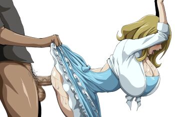 1boy 1girl blonde_hair breasts censored cleavage clothes_lift code_geass hanging_breasts hetero iwao178 long_hair milly_ashford open_mouth penis sex sex_from_behind shiny_skin simple_background skirt skirt_lift tongue tongue_out vaginal white_background