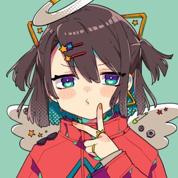 Rule 34 | 1girl, blush stickers, brown hair, closed mouth, commentary request, green background, green eyes, hair between eyes, hair ornament, hairclip, halo, hand up, long sleeves, looking at viewer, nail polish, notamaru 2, orange nails, original, parallel hairclips, portrait, red shirt, shirt, short hair, simple background, solo, two side up, white halo, white wings, wings