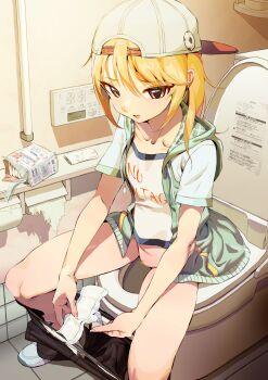 1girl absurdres amatsu_amaguri backwards_hat baseball_cap black_shorts blonde_hair brown_eyes clothes_pull collarbone commentary_request commission female_pubic_hair green_jacket hat highres holding hood hood_down hooded_jacket idolmaster idolmaster_cinderella_girls indoors jacket loli menstrual_pad on_toilet open_clothes open_jacket open_mouth panties panty_pull pubic_hair shirt short_hair shorts shorts_pull sitting skeb_commission smile solo textless_version toilet tomboy underwear white_panties white_shirt yuuki_haru