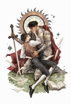 2boys armor black_hair book brown_vest cape constellation flying_paper full_body grass hand_on_another&#039;s_face hand_on_another&#039;s_waist highres kim_dokja kneeling knight male_focus multiple_boys oldest_dream omniscient_reader&#039;s_viewpoint open_book paper planted planted_sword planted_weapon red_cape roventus seiza shirt short_hair sitting sitting_on_lap sitting_on_person sleeves_rolled_up sparkle starry_sky_print sun_behind_head sun_print sword variant_set vest weapon white_shirt yoo_joonghyuk zodiac