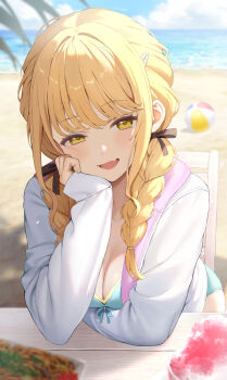 1girl absurdres aqua_bikini beach bikini bikini_under_clothes blonde_hair blush braid breasts cleavage fang food fujita_kotone gakuen_idolmaster hair_ribbon hand_on_own_cheek hand_on_own_face hibimaru highres idolmaster jacket jacket_over_swimsuit kimi_to_semi_blue_(idolmaster) long_hair looking_at_viewer outdoors pink_jacket ribbon shaved_ice sitting skin_fang smile solo swimsuit twin_braids two-sided_fabric two-sided_jacket white_jacket yakisoba yellow_eyes