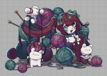 1girl absurdres blue_bow blue_eyes bow commentary_request commission gloves grey_background grid_background hair_bow highres human_head long_hair looking_at_viewer monsha_moa needle original red_hair sewing_needle skeb_commission steepled_fingers twintails very_long_hair white_gloves yarn