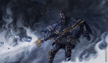 1boy absurdres armor armored_boots black_armor black_capelet boots capelet chainmail commentary dark_souls_(series) dark_souls_iii english_commentary feet_out_of_frame gauntlets gold_trim grey_background helm helmet highres holding holding_sword holding_weapon leg_armor male_focus sir_vilhelm solo sword temmaru1 weapon