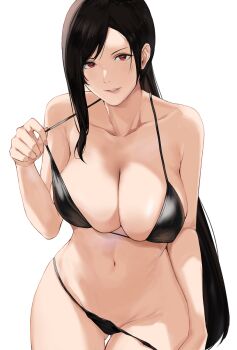 1girl bikini bikini_pull bikini_tug black_bikini black_hair breasts clothes_pull duplicate final_fantasy final_fantasy_vii groin halterneck highres j@ck large_breasts long_hair looking_at_viewer navel red_eyes sidelocks skindentation solo stomach swimsuit thighs tifa_lockhart