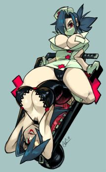 +_+ 1girl alex_ahad armpits arms_behind_head black_dress black_panties blue_hair breasts commentary covered_erect_nipples dress dual_persona english_commentary eyepatch gloves hair_over_one_eye hat highres huge_breasts large_breasts mask mouth_mask nurse nurse_cap panties red_eyes red_lips skullgirls surgical_mask thighs underwear valentine_(skullgirls) white_gloves