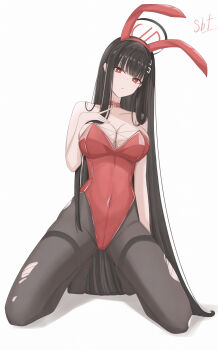 1girl absurdres animal_ears bare_shoulders black_hair black_pantyhose blue_archive blunt_bangs breasts chinese_commentary choker cleavage commentary_request covered_navel hair_ornament hairclip highres kneeling long_hair looking_at_viewer pantyhose playboy_bunny rabbit_ears red_eyes rio_(blue_archive) san_zhi_sun_bo_fu simple_background solo thighband_pantyhose torn_clothes torn_pantyhose very_long_hair white_background