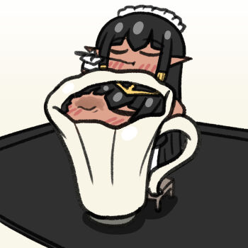 1girl alternate_costume black_hair chibi clooliss closed_eyes commentary_request cup dark-skinned_female dark_elf dark_skin elf gloves gold_trim korean_commentary ladder last_origin long_hair maid maid_headdress mini_person minigirl pointy_ears sekhmet_of_death simple_background smile solo spoon stepladder tray very_long_hair