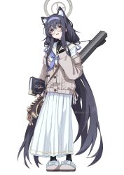 1girl animal_ears bags_under_eyes black_hair black_pantyhose black_shirt blue_archive blue_eyes blue_hairband blue_neckerchief blue_ribbon book book_strap bow brown_cardigan buttons cardigan cat_ears de_lisle_carbine full_body grey_halo gun hair_between_eyes hairband halo highres holding holding_book holding_strap jewelry kemonomimi_mode kilabo light_blush long_hair long_sidelocks long_skirt long_sleeves low_twintails neckerchief necklace off_shoulder open_mouth pantyhose pendant pleated_skirt pocket ribbon round_eyewear sailor_collar school_uniform serafuku shirt sidelocks signature simple_background skirt sleeves_past_wrists slippers solo strap suppressor sweatdrop turtleneck twintails twitter_username ui_(blue_archive) very_long_hair weapon white_background white_bow white_sailor_collar white_skirt