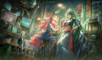 2girls arknights arm_ribbon bandaged_chest black_shirt bottle chest_sarashi commentary crt english_commentary eyeshadow frilled_skirt frills green_hair grey_pants hakama hakama_pants haruka_(arknights) helen_zzhao high_ponytail highres horns hoshiguma_(arknights) hoshiguma_the_breacher_(arknights) japanese_clothes leaning_back leather_coat long_hair looking_at_viewer makeup multiple_girls official_alternate_costume on_stool orange_hair pants pleated_pants pointy_ears ponytail radio red_eyes red_hair ribbon sarashi shirt single_horn sitting skin-covered_horns skirt standing stool sword very_long_hair weapon white_hakama yellow_eyes