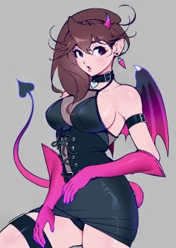 1girl arm_behind_back ayase_momo bare_shoulders black_choker black_dress black_panties breasts brown_hair choker cleavage cowboy_shot dandadan demon_girl demon_horns demon_tail demon_wings dress earrings gloves grey_background hair_between_eyes heart heart_choker highres horns jewelry large_breasts light_blush long_hair panties parted_lips pink_gloves pointy_ears short_dress sideboob solo tail thigh_strap underwear upskirt wings y8brass