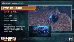 3d animated audible_music bone cat cave cave_paintings character_name character_profile claws concept_art cross_promotion crossover electricity energy english_text fire godzilla godzilla_(series) godzilla_x_kong:_the_new_empire godzilla_x_kong:_titan_chasers highres hunted_cow_studios kaiju king_kong king_kong_(series) legendary_pictures magma_jackal monster monsterverse night no_humans official_art panther promotional_art rainforest ribs sharp_teeth skull sound stalactite tail teeth tie-in tilting_point_llc toho video video_game volt_panther water