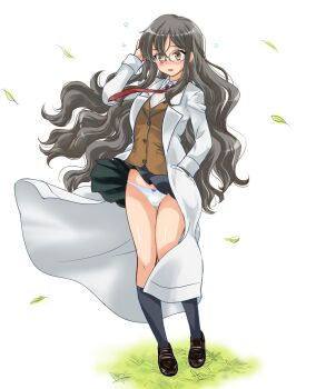 1girl averting_eyes black_skirt black_socks blush bow bow_panties breasts brown_eyes brown_hair brown_jacket brown_shoes embarrassed falling_petals flying_sweatdrops full-face_blush full_body futaba_rio glasses hair_between_eyes highres jacket lab_coat large_breasts loafers necktie open_mouth panties pantyshot petals red_necktie school_uniform seishun_buta_yarou shirt shoes simple_background skirt socks solo tachibana_hiroki underwear white_background white_jacket white_panties white_shirt wind wind_lift