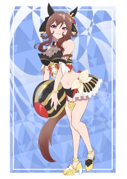 1girl absurdres adapted_costume animal_ears ball bare_shoulders beachball bikini black_bikini blush bracelet braid braided_hair_rings breasts brown_hair chia_ikaruga ear_covers ear_ornament full_body gentildonna_(umamusume) hair_between_eyes hair_ornament hair_rings heart-shaped_ornament heart_ear_ornament high_heel_sandals highres holding holding_ball holding_beachball horse_ears horse_girl horse_tail jewelry large_breasts long_hair looking_at_viewer navel parted_lips red_eyes sandals see-through_cleavage see-through_clothes smile solo stomach swimsuit tail umamusume