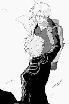 2boys black_gloves brothers coat collarbone collared_coat commentary dante_(devil_may_cry) devil_may_cry_(series) devil_may_cry_5 fingerless_gloves gloves greyscale hair_slicked_back hashtag-only_commentary highres long_sleeves male_focus monochrome multiple_boys parted_hair short_hair siblings simple_background tears twins utopia_87115256 vergil_(devil_may_cry) white_background wiping_tears