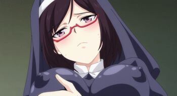 1girl animated animated_gif blush breasts brown_hair character_request covered_erect_nipples female_focus glasses grabbing_own_breast in_heat large_breasts looking_at_viewer lowres nun open_mouth purple_eyes short_hair solo source_request