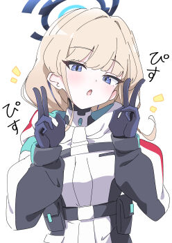 Rule 34 | 1girl, :o, absurdres, arms up, blonde hair, blue archive, blue eyes, blue halo, commentary request, double v, facing viewer, gloves, halo, highres, hutsugyou, jacket, looking at viewer, official alternate costume, pouch, simple background, solo, toki (blue archive), upper body, v, white background