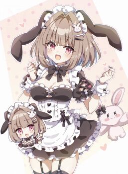 1girl :d animal_ears breasts brown_hair chibi commentary_request copyright_request dress fake_animal_ears hair_ornament hairpin heart hi_(pontolfo) highres maid medium_breasts open_mouth puffy_short_sleeves puffy_sleeves rabbit rabbit_ears rabbit_hair_ornament red_eyes short_sleeves smile solo white_wrist_cuffs wrist_cuffs