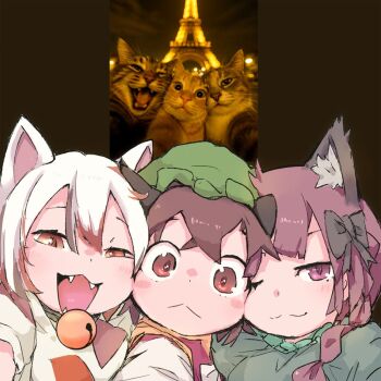 3girls :&lt; :3 animal_ear_fluff animal_ears bell blush blush_stickers bow braid brown_hair cat cat_ears cat_girl chen commentary eiffel_tower english_commentary fangs goutokuji_mike green_hat hair_between_eyes hair_bow half-closed_eyes hat kaenbyou_rin looking_at_viewer multiple_girls neck_bell one_eye_closed photo-referenced photo_background photo_inset portrait red_hair selfie touhou twin_braids white_hair yoshiyuki_(14330975)