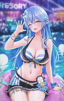 1girl ahoge aqua_hair asukan belt bikini bikini_skirt blue_hair blurry blurry_background blush breasts cleavage closed_mouth cloud collarbone commentary_request elf flower hair_between_eyes hair_flower hair_ornament heart heart_ahoge highres hololive hololive_summer_2023_swimsuit looking_at_viewer navel night official_alternate_costume official_alternate_hair_length official_alternate_hairstyle one_eye_closed open_mouth pointy_ears short_hair skirt smile solo stomach swimsuit virtual_youtuber water white_belt yellow_eyes yukihana_lamy