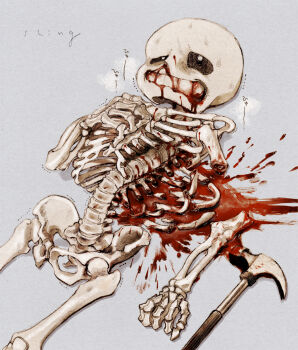 1other anminshing arched_back blood blood_from_mouth blood_on_body blood_on_ground blood_splatter bloody_weapon broken_arm broken_bone broken_ribs clenched_teeth commentary_request guro half-closed_eyes hammer hand_on_ground hand_on_own_chest injury looking_up lying nosebleed on_back sans_(undertale) skeleton solo teeth torture undertale utdr_(toby_fox) weapon white_background