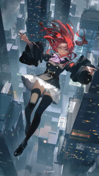 1girl absurdres armband artist_name belt black_belt black_jacket black_shoes black_thighhighs blue_eyes bow building buttons chest_bow cityscape double-breasted falling frilled_sleeves frills full_body gold_ring hair_bobbles hair_ornament highres jacket jewelry long_hair long_sleeves midair outdoors pleated_skirt purple_bow red_hair ring shoes skirt skyscraper solo thighhighs toto_(caaaaarrot) two_side_up umineko_no_naku_koro_ni ushiromiya_ange white_skirt wide_sleeves zettai_ryouiki