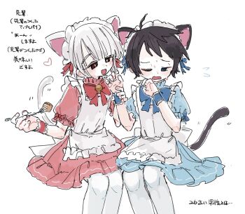 2boys :d akinashi_haru animal_ears back_bow bell black_hair blue_bow blue_bowtie blue_dress blush bow bowtie cat_boy cat_ears cat_tail commentary_request crossdressing crossdressing_(mtf) dress feet_out_of_frame fork frilled_wrist_cuffs frills hands_up holding holding_another's_wrist holding_fork invisible_chair maid maid_headdress male_maid multiple_boys neck_bell open_mouth osakanadream pantyhose pink_dress red_bow red_bowtie saihate_eki short_hair short_sleeves simple_background sitting smile tail tatsunami_shion translation_request white_background white_bow white_hair white_pantyhose wrist_cuffs
