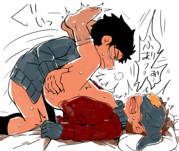 2boys anal annoyed ass bed bent_over black_hair blush breath brown_hair carrying clyde_donovan craig_tucker crying from_side grabbing_another's_ass groping jacket legs legs_up lying male_focus multiple_boys nose_blush on_back sex shota simple_background source_request south_park speech_bubble sweat sweatdrop sweater white_background yaoi