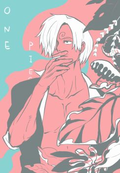 Rule 34 | 1boy, cigarette, commentary, copyright name, curly eyebrows, facial hair, goatee, highres, holding, holding cigarette, looking to the side, looking up, male focus, mrjieshisu, mustache, one piece, sanji (one piece), short hair, solo, symbol-only commentary, upper body