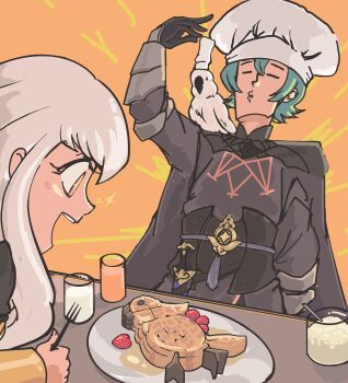 Rule 34 | 1boy, 1girl, bird, chef hat, closed eyes, cockatoo, davewaterfalls, fire emblem, fire emblem: three houses, food, fork, fruit, glass, grey hair, hat, juice, lysithea von ordelia, male byleth (fire emblem), milk, nintendo, orange juice, plate, strawberry, waffle, white hair, yellow eyes