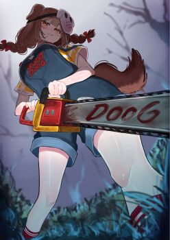1girl animal_ears blue_overalls bow braid brown_hair brown_tail chainsaw cosplay denim denim_overalls dog_ears dog_girl dog_tail english_text grass highres holding holding_chainsaw hololive inugami_korone inugami_korone_(9th_costume) jason_voorhees low_twintails mask mask_on_head official_alternate_costume on_grass overalls red_eyes red_socks shirt socks standing strap_slip striped_clothes striped_shirt t-shirt tail torn_clothes twin_braids twintails virtual_youtuber white_shirt yellow_shirt yuuppi