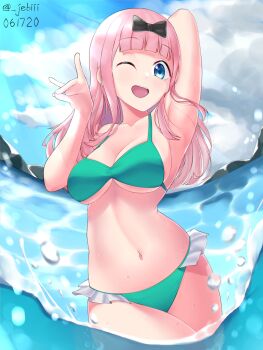 1girl armpits bikini black_bow blue_eyes bow breasts cloud fujiwara_chika jebi kaguya-sama_wa_kokurasetai_~tensai-tachi_no_renai_zunousen~ large_breasts long_hair looking_at_viewer one_eye_closed pink_hair sunlight swimsuit v water wink