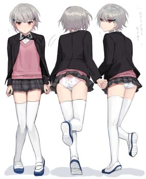 1boy ? ass black_jacket black_ribbon blue_shoes blush check_commentary closed_mouth collared_shirt colored_inner_hair commentary commentary_request crossdressing crossdressing_(mtf) dot_nose from_behind full_body grey_hair grey_skirt highres jacket long_sleeves looking_at_viewer looking_back male_focus miniskirt motion_lines multicolored_hair multiple_views open_clothes open_jacket original panties pink_hair pink_panties pink_vest plaid_clothes plaid_skirt pleated_skirt print_panties purple_eyes ribbon shadow shirt shoe_soles shoes short_hair simple_background skindentation skirt standing standing_on_one_leg sunaba_(nczd5875) thighhighs thighs translation_request trap two-tone_hair underwear vest white_background white_panties white_shirt white_thighhighs zettai_ryouiki