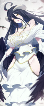 1girl absurdres ahoge albedo_(overlord) bare_shoulders black_feathers black_hair black_wings breasts clothing_cutout collar commentary cowboy_shot demon_girl demon_horns double-parted_bangs dress feathered_wings feathers gloves hair_between_eyes highres hip_vent horns large_breasts long_hair long_hair_between_eyes looking_at_viewer low_wings matsumoto_tomoyohi open_mouth overlord_(maruyama) slit_pupils smile solo spider_web_necklace white_background white_collar white_dress white_gloves white_horns wings yellow_eyes