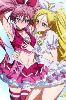 2girls absurdres armpits arms_up blonde_hair blue_background blue_eyes blush commentary_request cure_melody cure_rhythm frilled_skirt frills gradient_background green_eyes hairband highres houjou_hibiki long_hair magical_girl midriff minamino_kanade multiple_girls navel oimanji pink_hair pink_skirt pink_thighhighs ponytail precure puffy_short_sleeves puffy_sleeves short_sleeves skirt suite_precure thighhighs twintails white_hairband white_skirt yuri