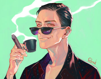 1boy black_hair black_shirt cigar coffee_mug collared_shirt ctkcave cup eyewear_on_head green_eyes holding holding_cigar holding_cup looking_at_viewer male_focus mature_male mug open_clothes open_shirt original parted_hair portrait shirt short_hair simple_background smirk smoke smoke_trail solo sunglasses