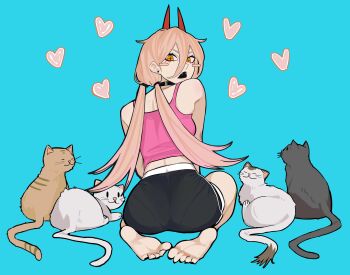 1girl absurdres ass black_choker black_shorts cat chainsaw_man choker commentary cross-shaped_pupils demon_girl demon_horns dolphin_shorts english_commentary full_body hair_between_eyes heart highres horns kneeling long_hair looking_at_viewer looking_back low_twintails multiple_cats open_mouth pink_tank_top power_(chainsaw_man) red_horns sailen0 shorts symbol-shaped_pupils tank_top twintails