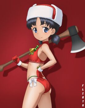 1girl absurdres ass axe bikini black_hair blue_eyes blush closed_mouth flintard fur_hat girls_und_panzer gloves hand_on_own_hip hat highres holding holding_axe loli looking_at_viewer nina_(girls_und_panzer) red_background red_bikini red_gloves santa_bikini santa_costume short_hair side-tie_bikini_bottom signature simple_background smile solo swimsuit twintails